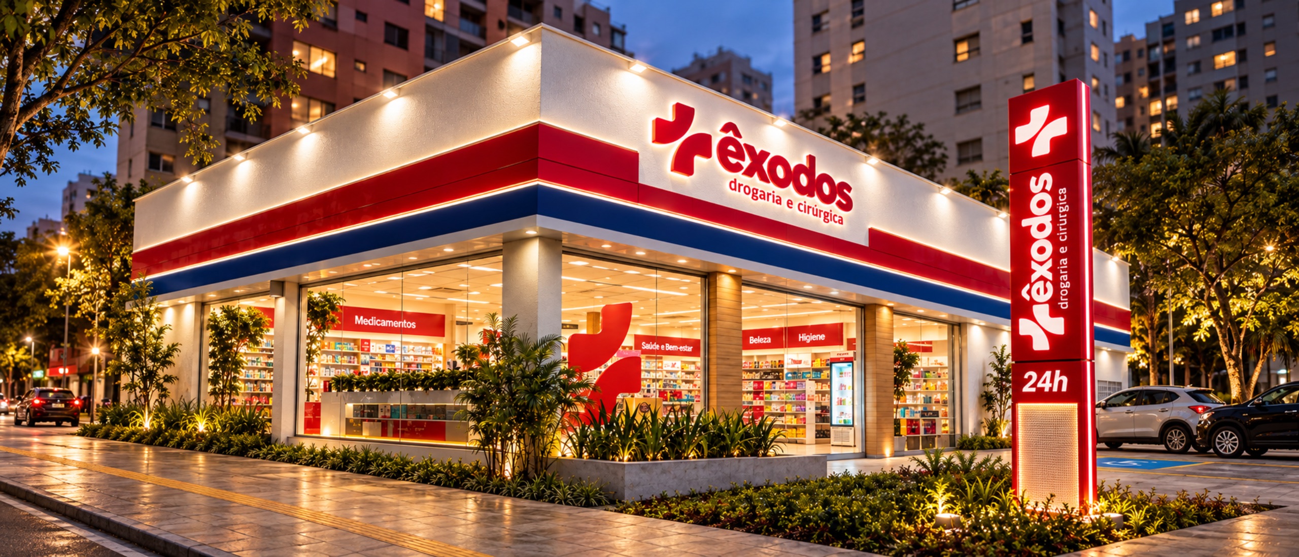 Fachada da Drogaria Exodos à noite