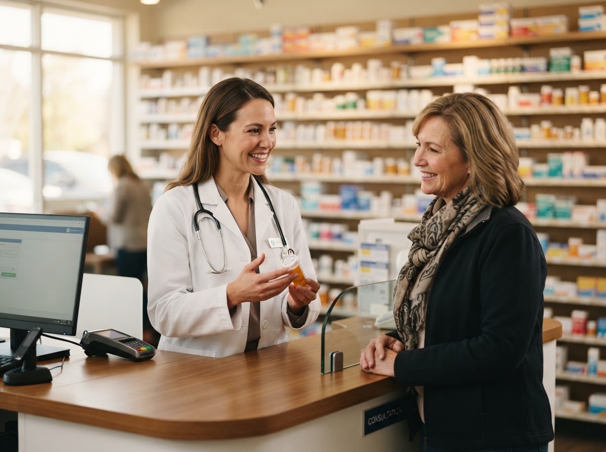 Farmacêutica orientando uma cliente no balcão da farmácia