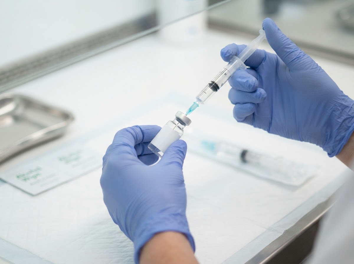 Mãos enluvadas preparando uma seringa para aplicação de injetável